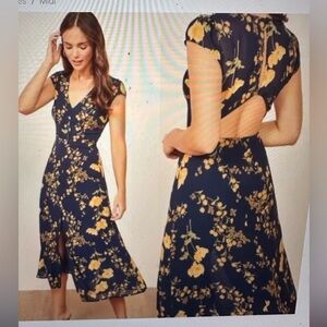 Reformation Navy Wellfleet Dress : Bernadette Open Back Floral Midi Dress